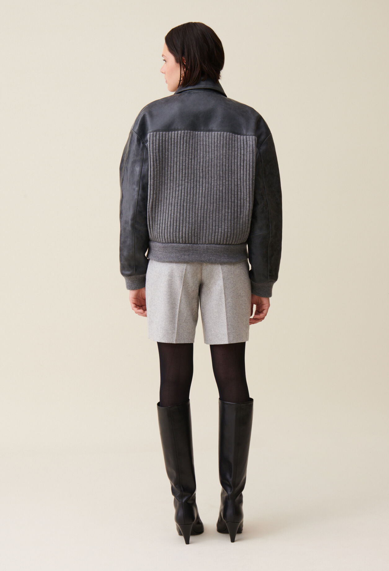 Bomber cuir bi matière gris