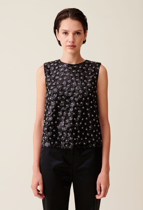 Top noir sequins brodés dos ouvert