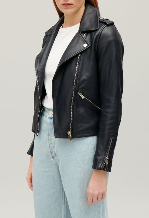 Veste en cuir lisse bleu marine