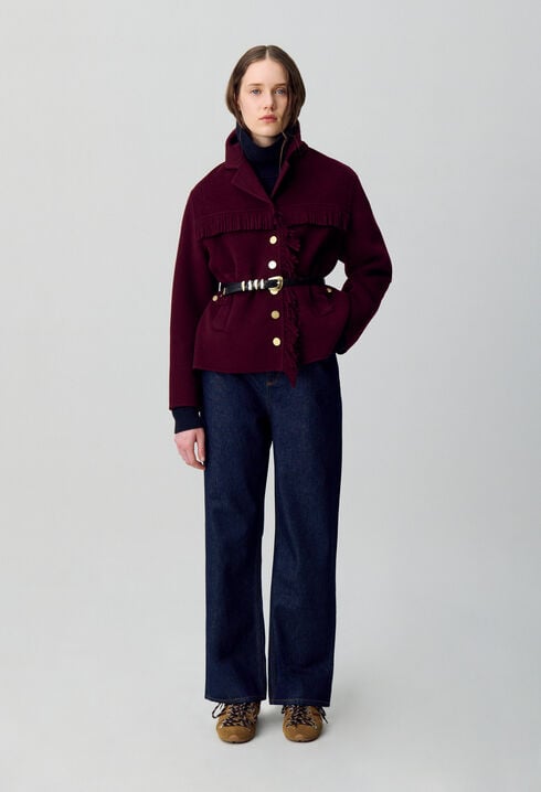 Manteau court laine franges