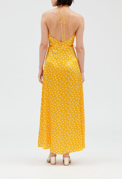 Robe longue portefeuille soie jaune