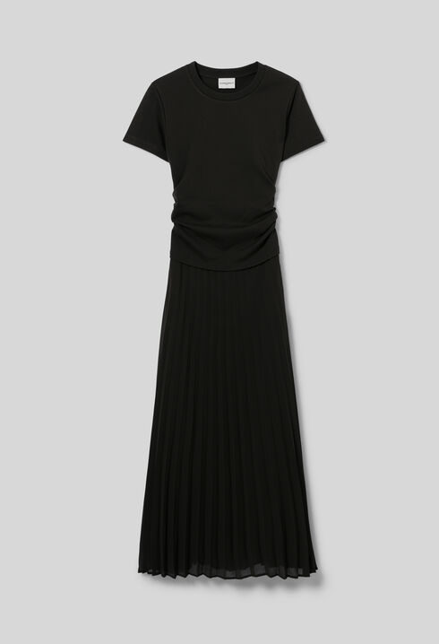 Robe droite bi-mati&egrave;re pliss&eacute;e