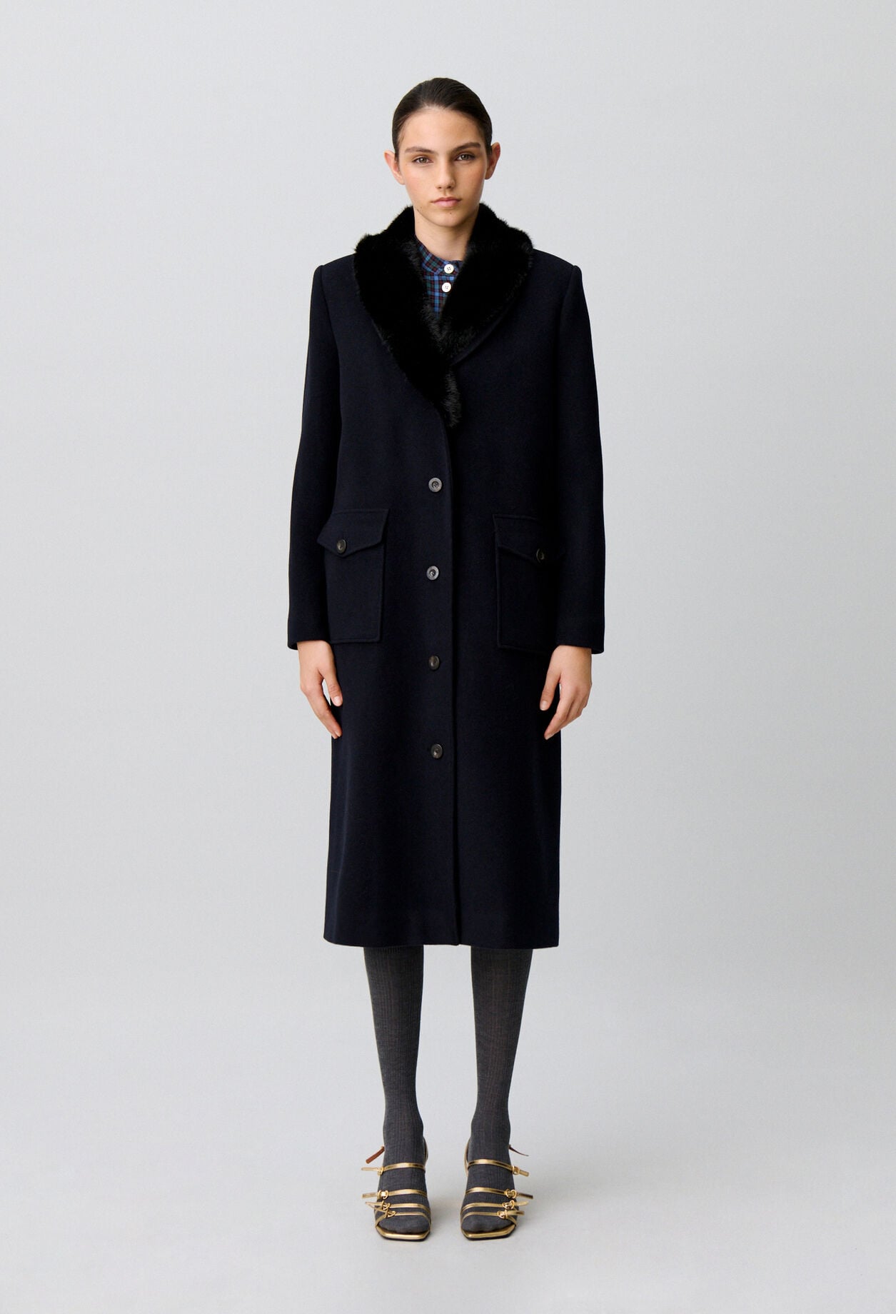 Manteau long laine col fausse fourrure