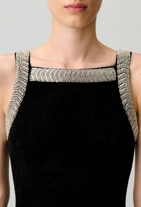 Robe &eacute;vas&eacute;e maille velours perles