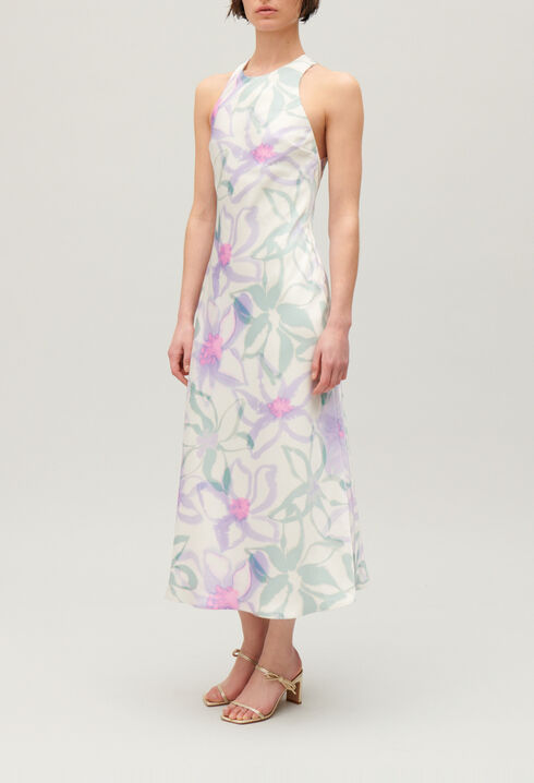 Robe longue satin&eacute;e imprim&eacute;e