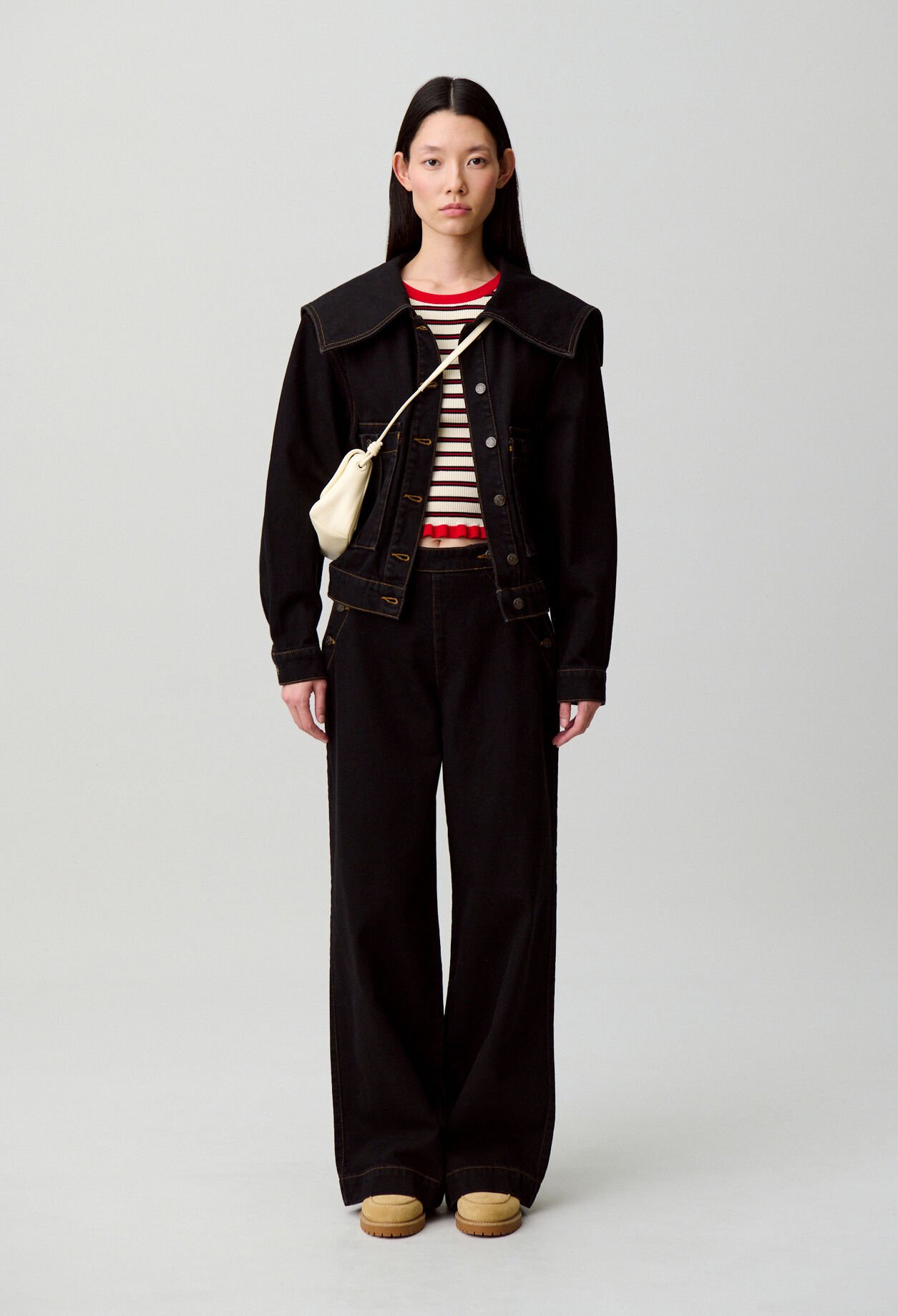 Veste jean col vareuse denim noir