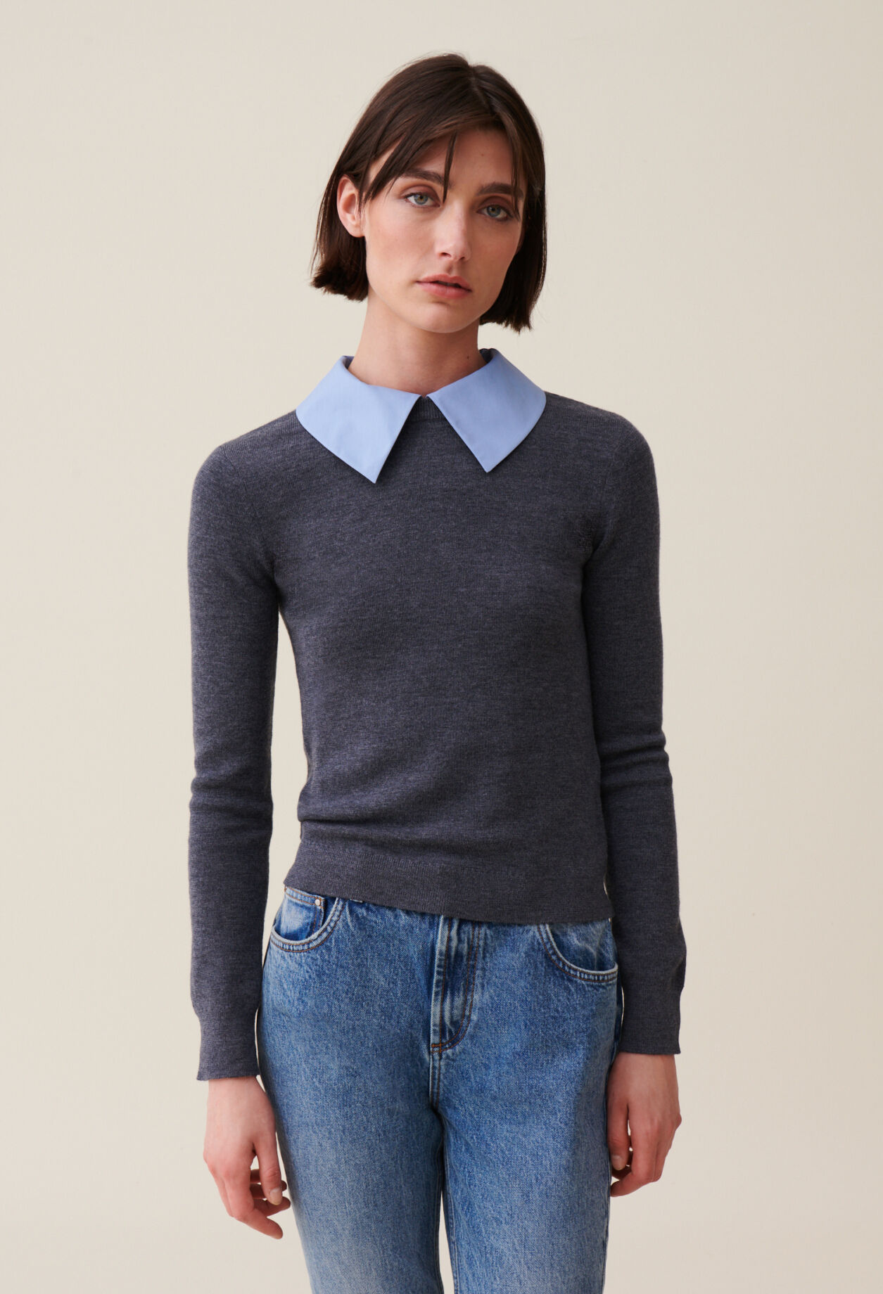 Pull laine col chemise amovible