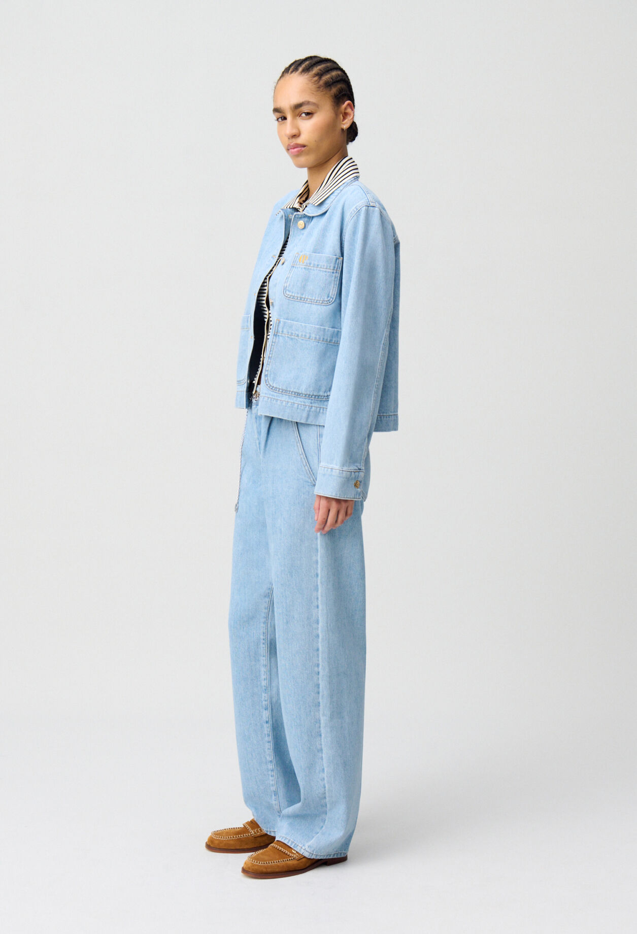 Veste jean denim col claudine