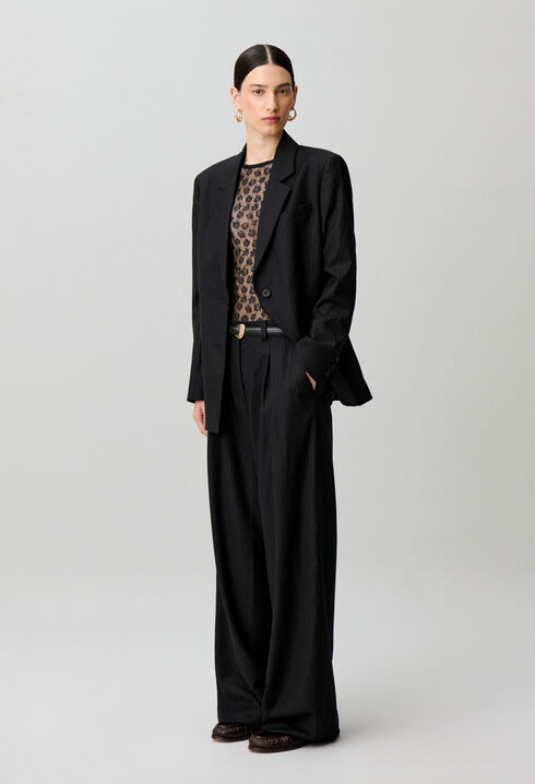 Pantalon droit laine m&eacute;lang&eacute;e rayures