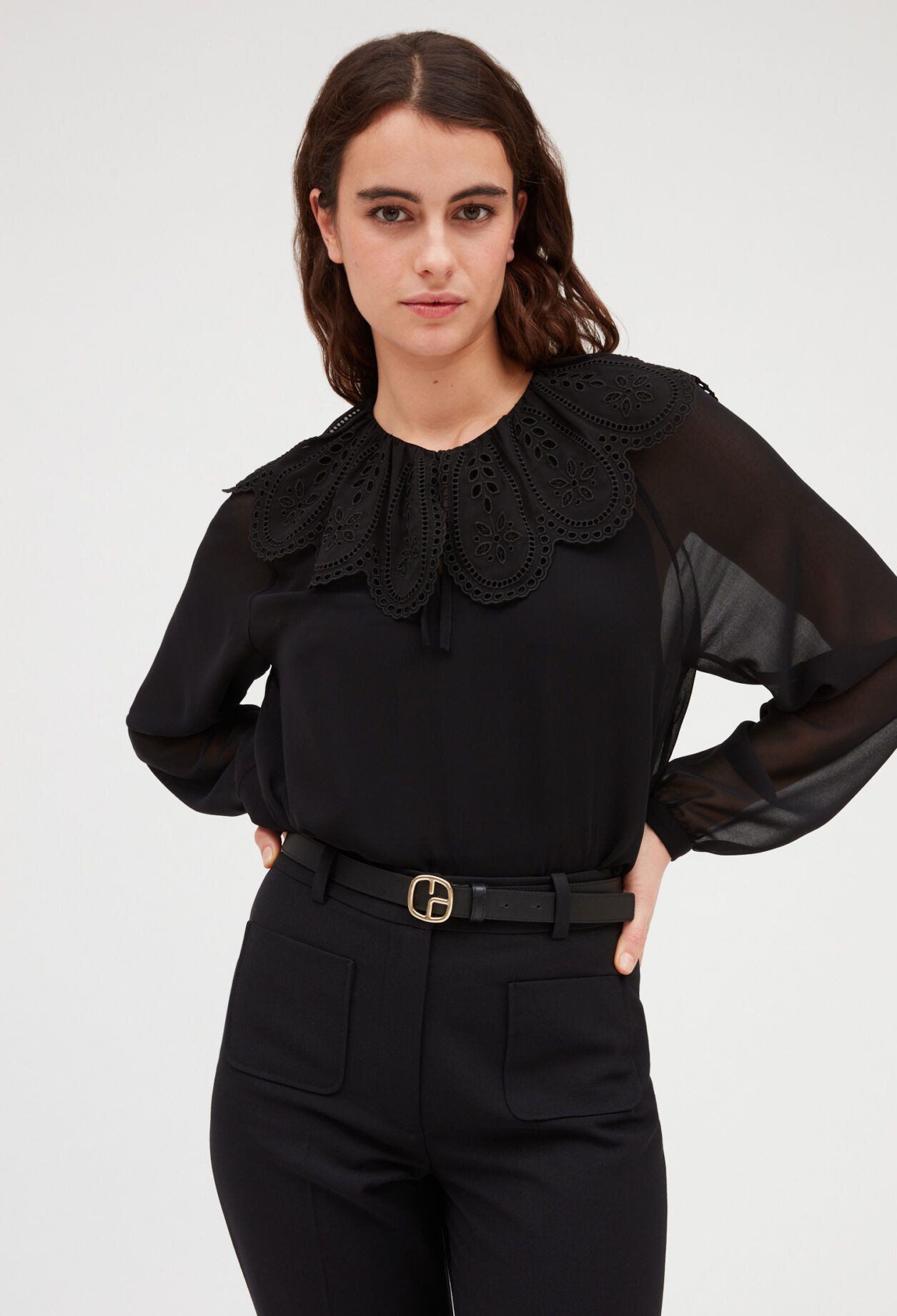 Top à Basque Noir Claudie Pierlot Avec Inserts Cuir - Taille M/L - Style Créateur Ajusté - Occasion Cocktail