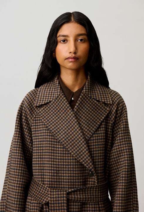 Manteau mi-long carreaux ceinture