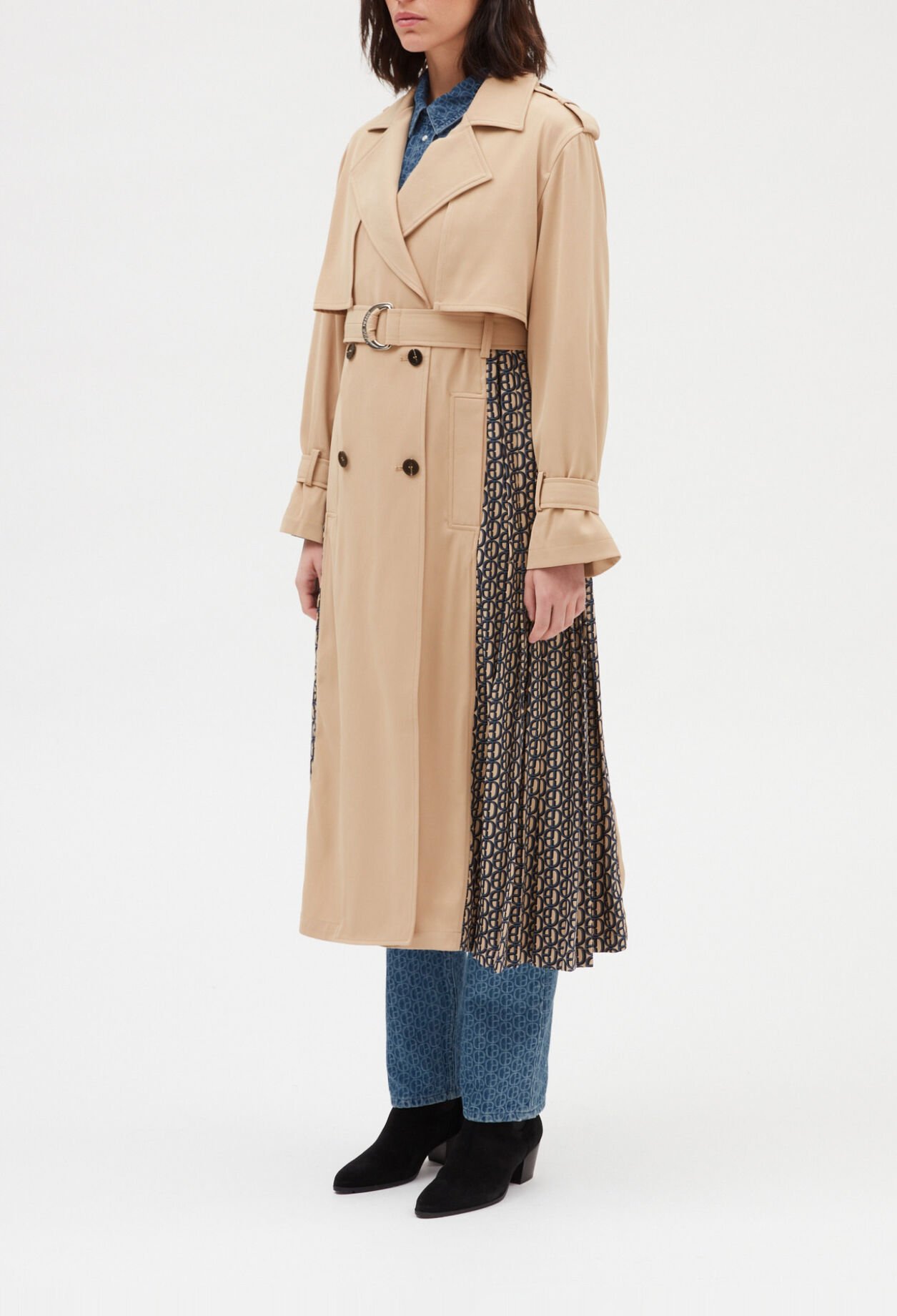 Trench mi-long plissé monogramme beige