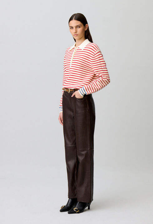 Pantalon droit cuir bouton dor&eacute;