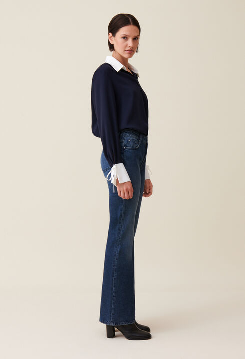 Blouse fluide marine col contrasté