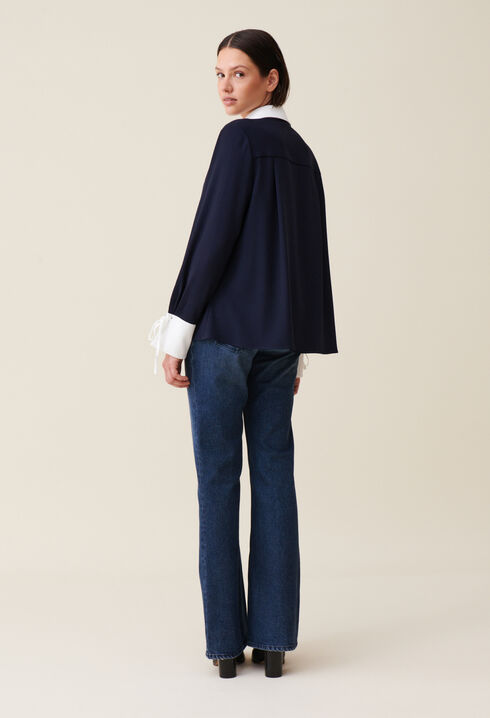 Blouse fluide marine col contrasté