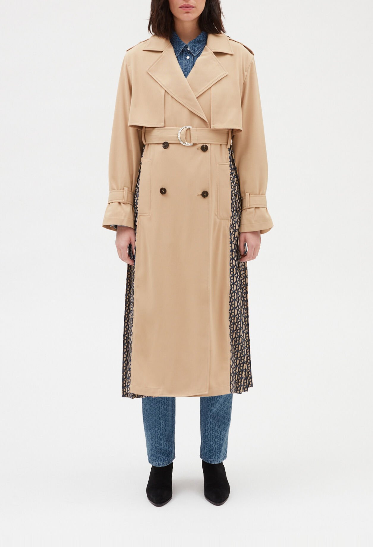 Trench mi-long plissé monogramme beige