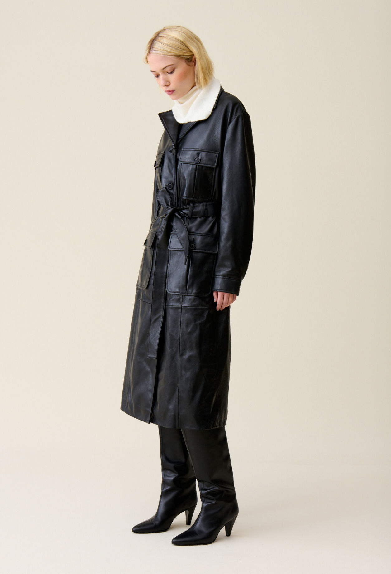 Trench coat cuir col tailleur