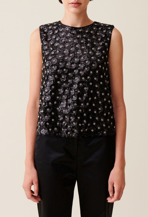 Top noir sequins brod&eacute;s dos ouvert