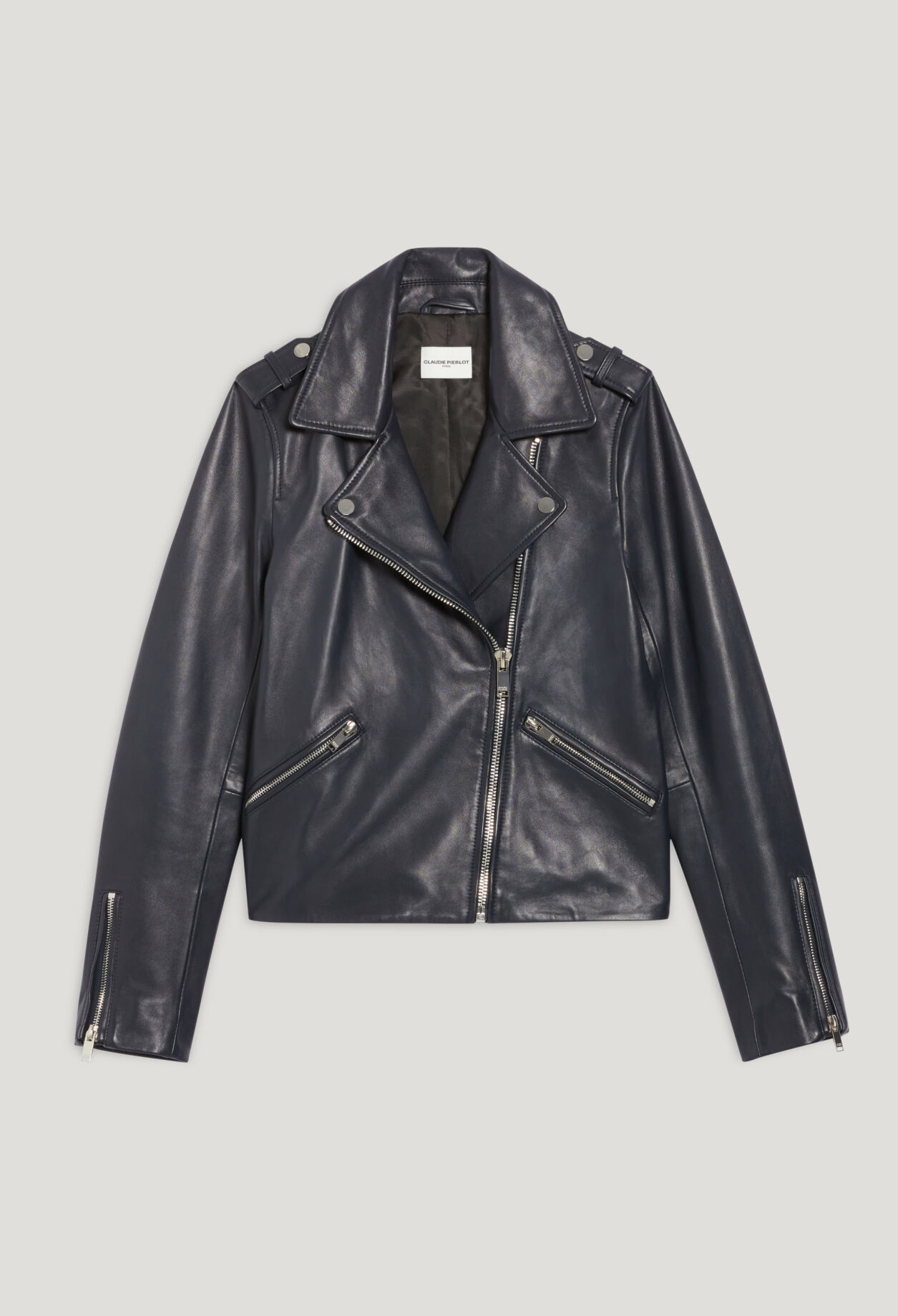 Veste en cuir lisse bleu marine