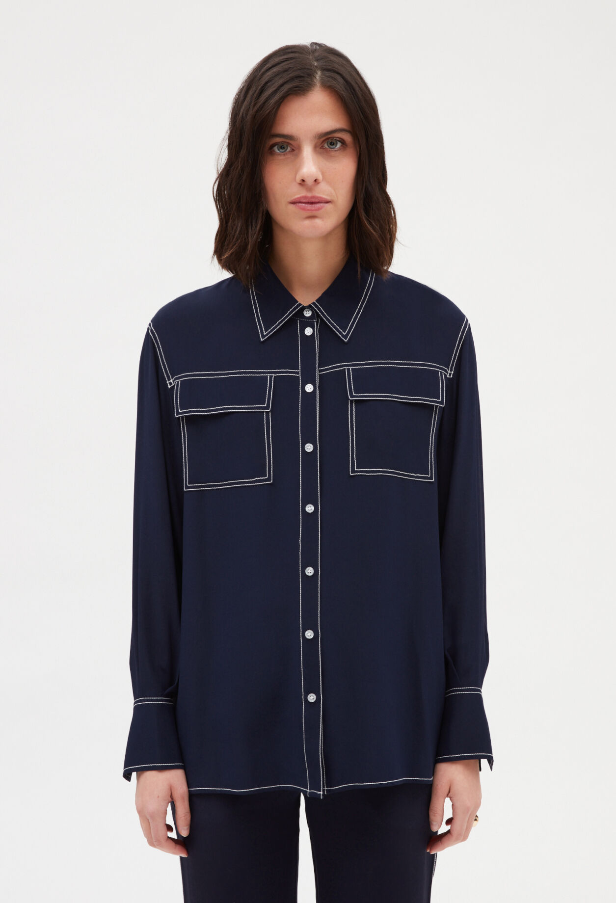 Chemise soie manches longues bleue