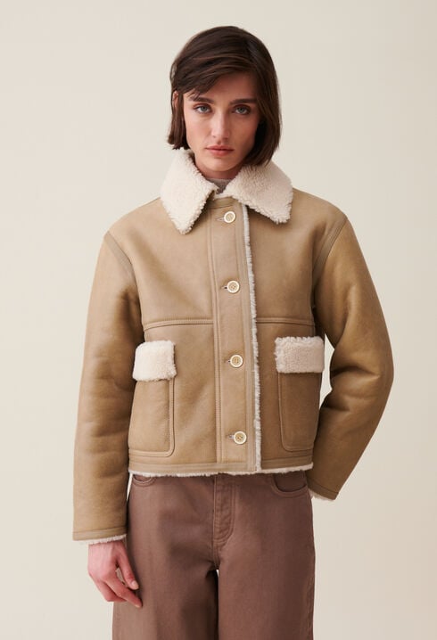 Veste peau lainée courte beige