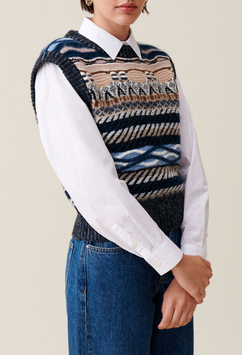 Pull sans manches rayures &agrave; motifs