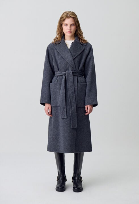 Manteau long ceinturé laine