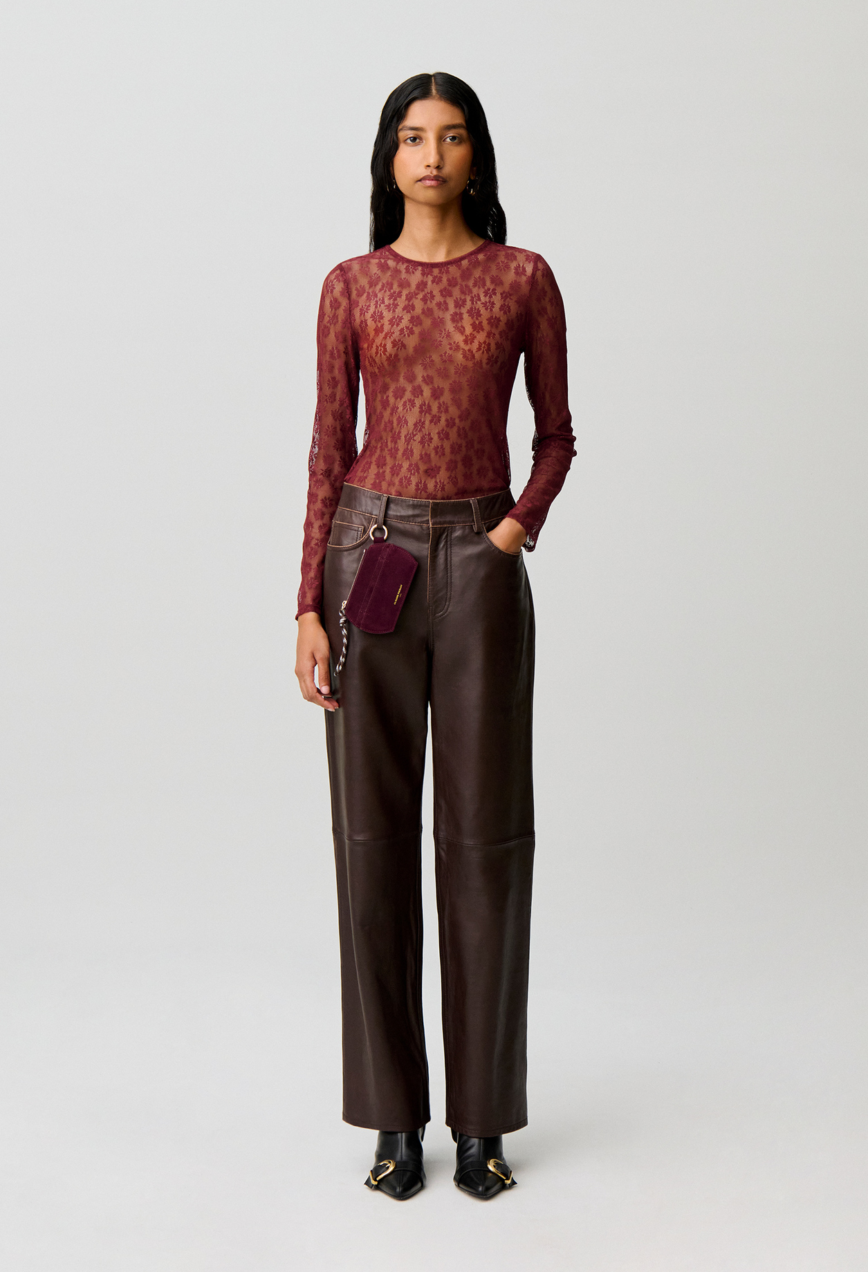 Claudie - T-shirt ajusté dentelle manches longues - Bordeaux - Taille 44 - Pour Femme