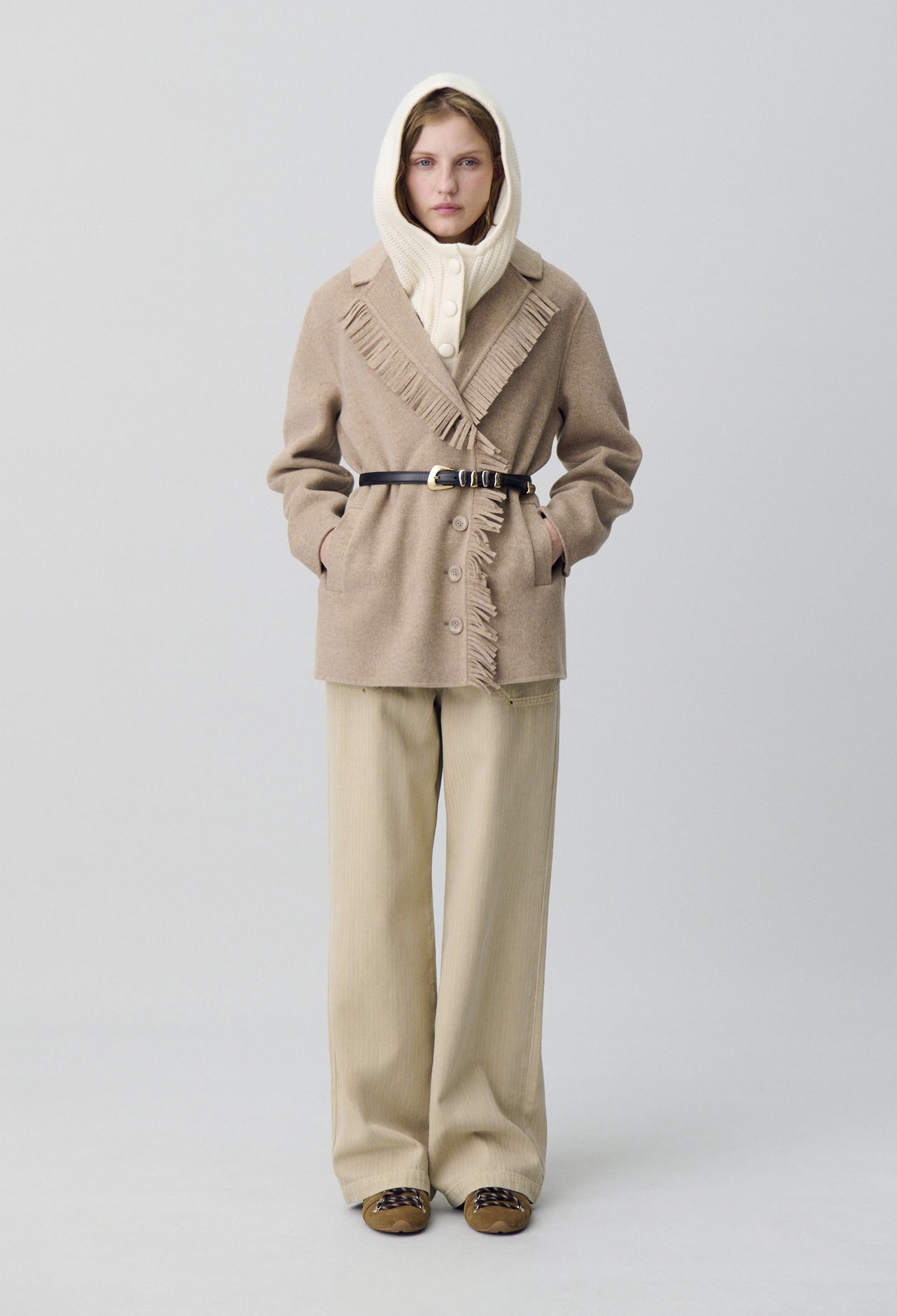 Manteau court laine franges - Femme - Beige - Taille 38 - Claudie Pierlot