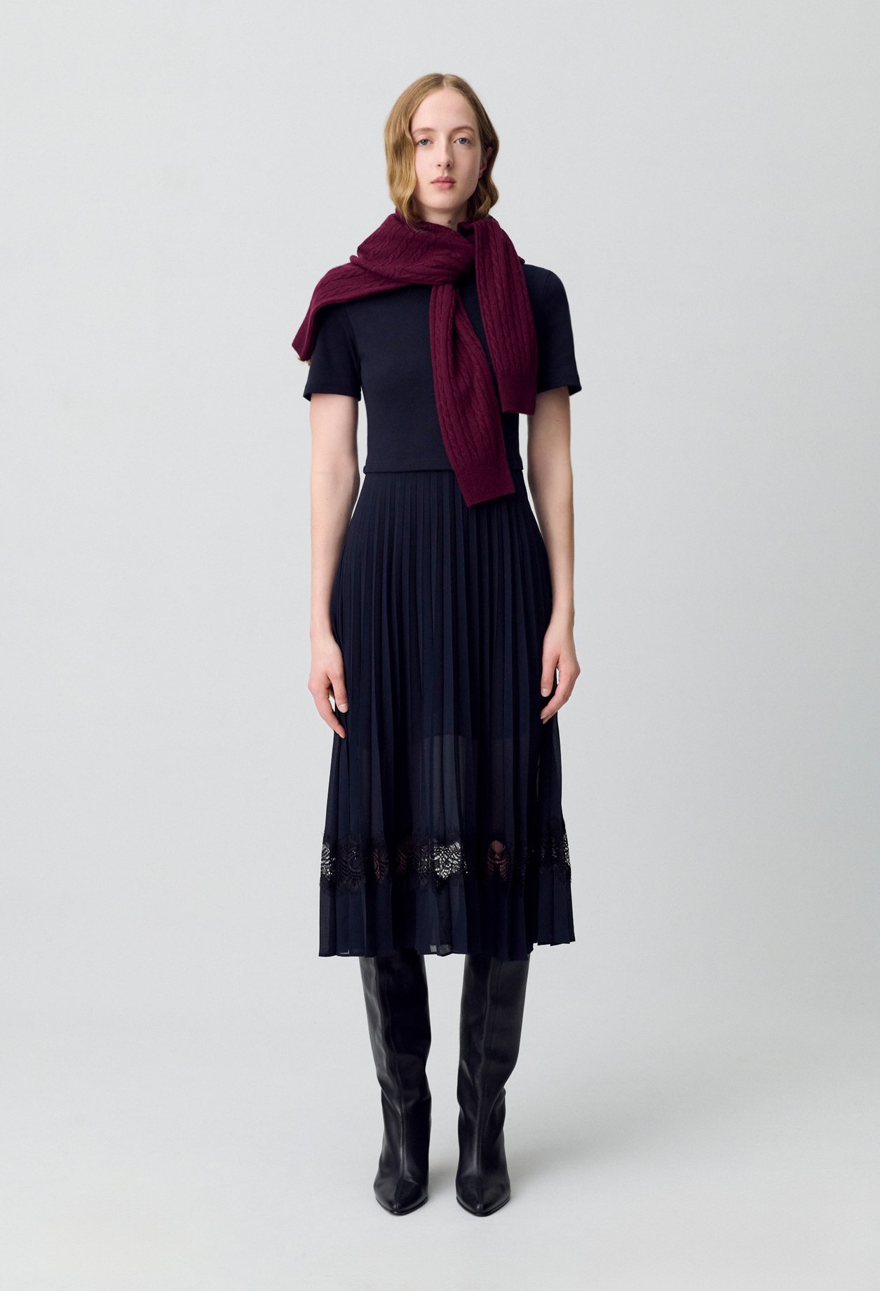 Robe midi bi-matière noire et marine - Claudie Pierlot - Modalova