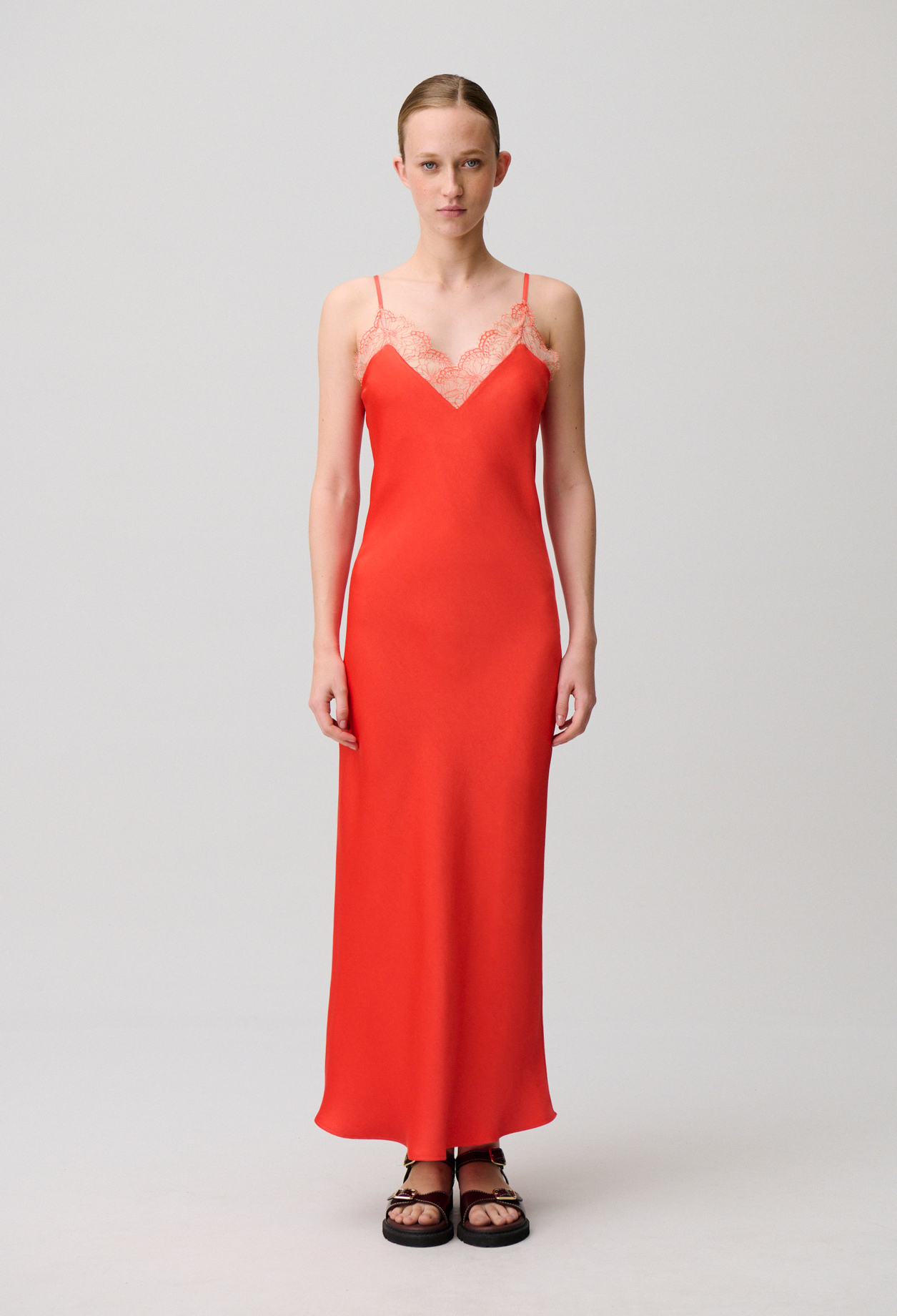 Robe fluide satinée dentelle - Femme - Tangerine - Taille 40 - Claudie Pierlot