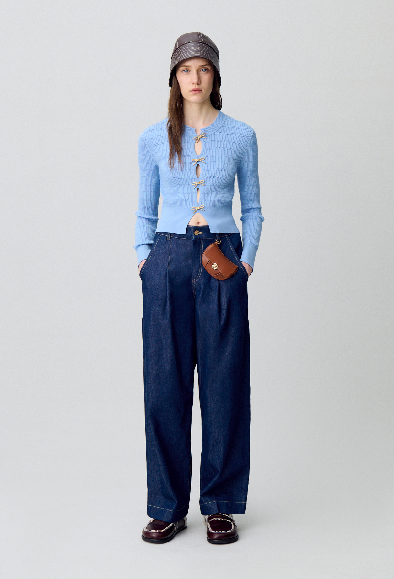 Claudie - Pull maille fine nœuds - Ciel - Taille L - Pour Femme