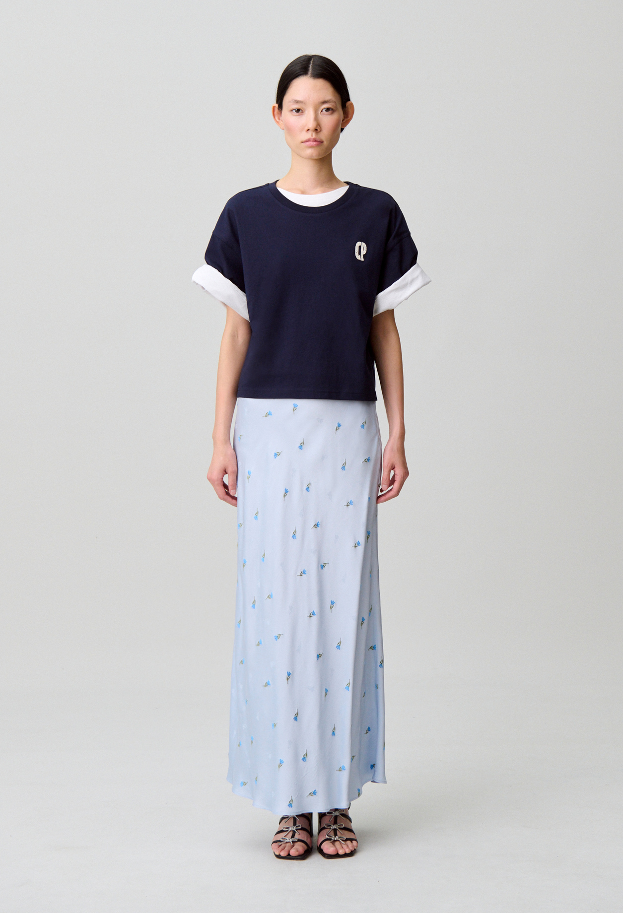 Jupe satinée fleurs - Femme - Ciel - Taille 42 - Claudie Pierlot