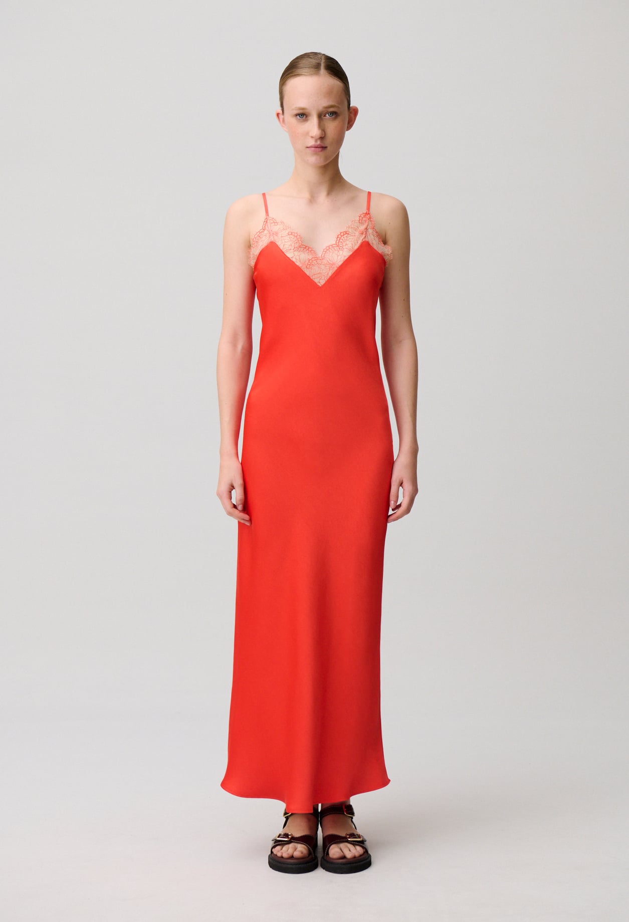 Robe fluide satinée dentelle - Femme - Tangerine - Taille 38 - Claudie Pierlot