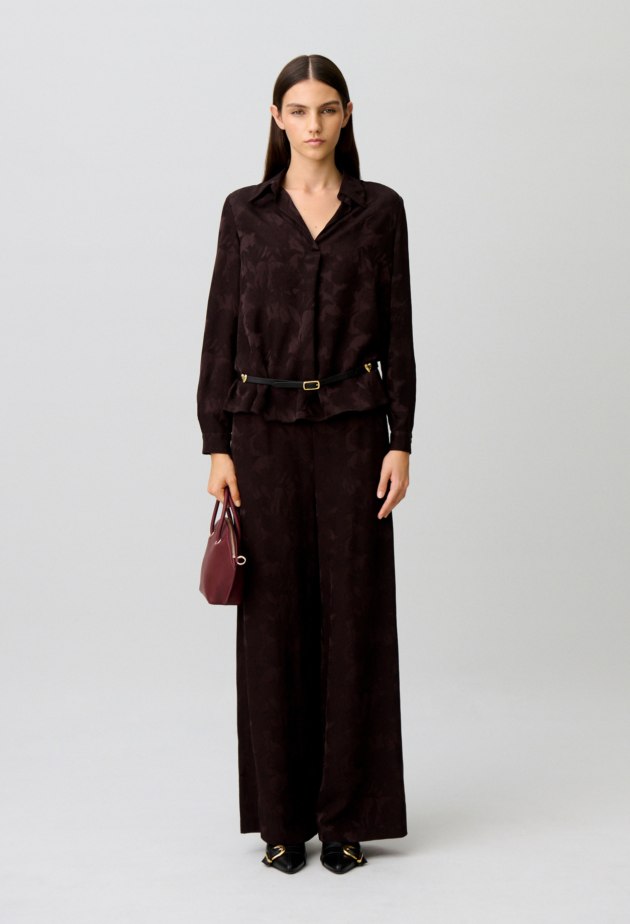 Claudie - Blouse droite jacquard floral col rabats - Marron Fonce - Taille 42 - Pour Femme