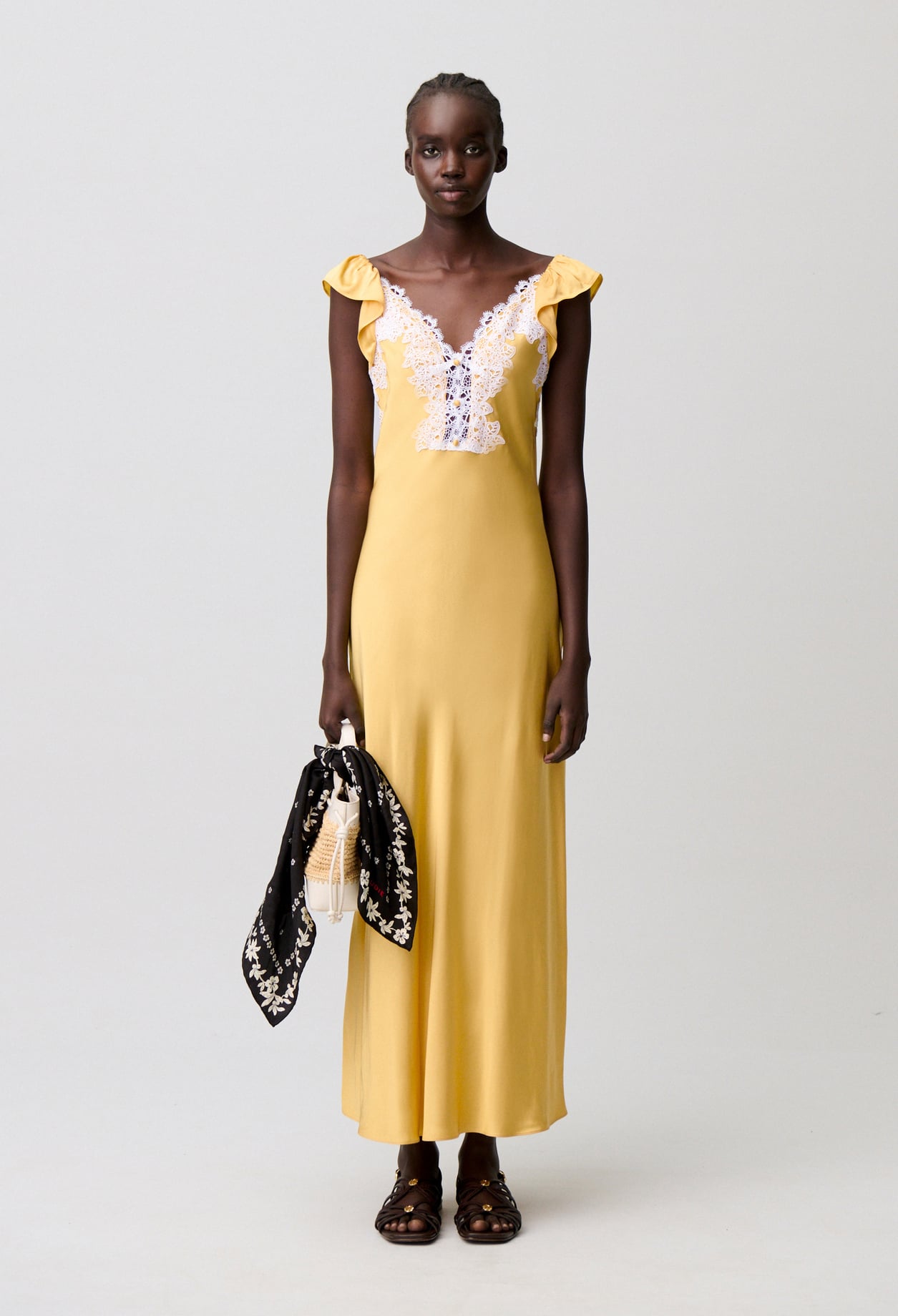 Robe satin dentelle - Femme - Jaune Soleil - Taille 40 - Claudie Pierlot