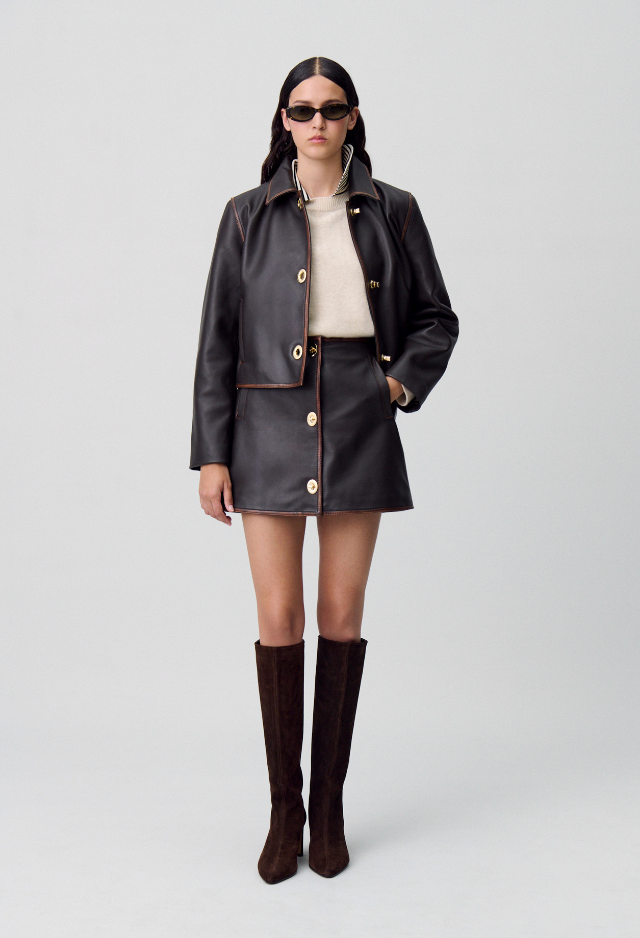 Jupe cuir trapèze courte - Femme - Marron - Taille 38 - Claudie Pierlot