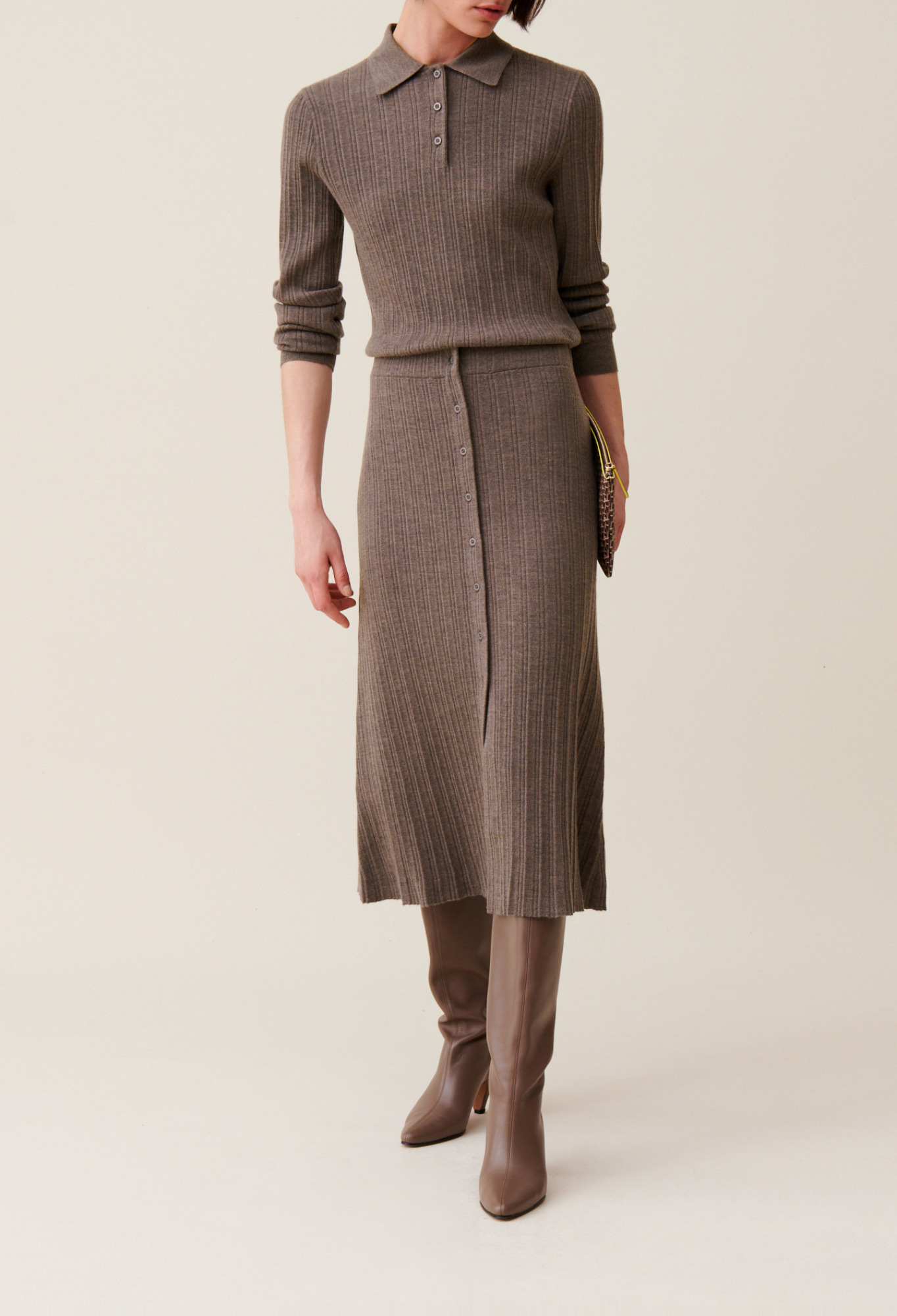 Claudie - Jupe plissée boutonnée mi-longue - Taupe - Taille L - Pour Femme