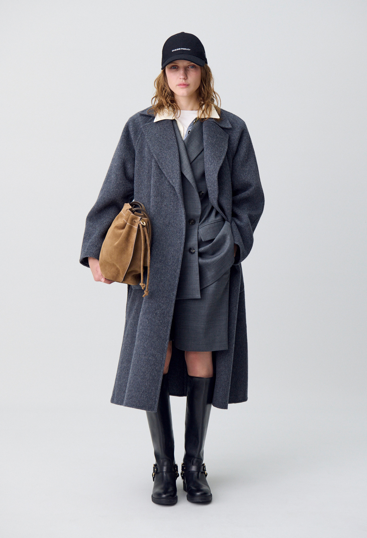 Manteau long ceinturé laine - Femme - Gris Noir - Taille 38 - Claudie Pierlot