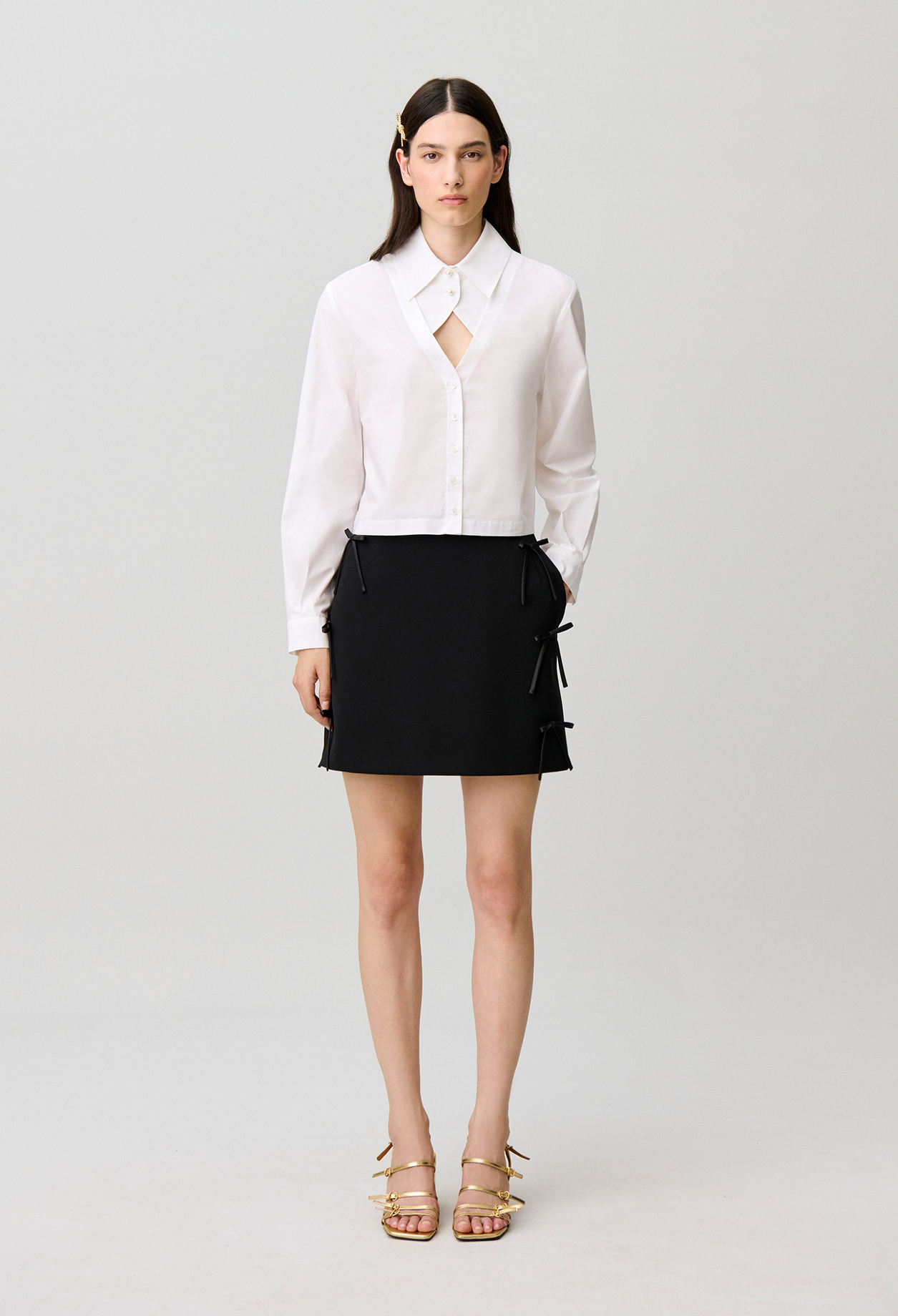 Claudie - Jupe droite évasée nœuds satin - Noir - Taille 44 - Pour Femme