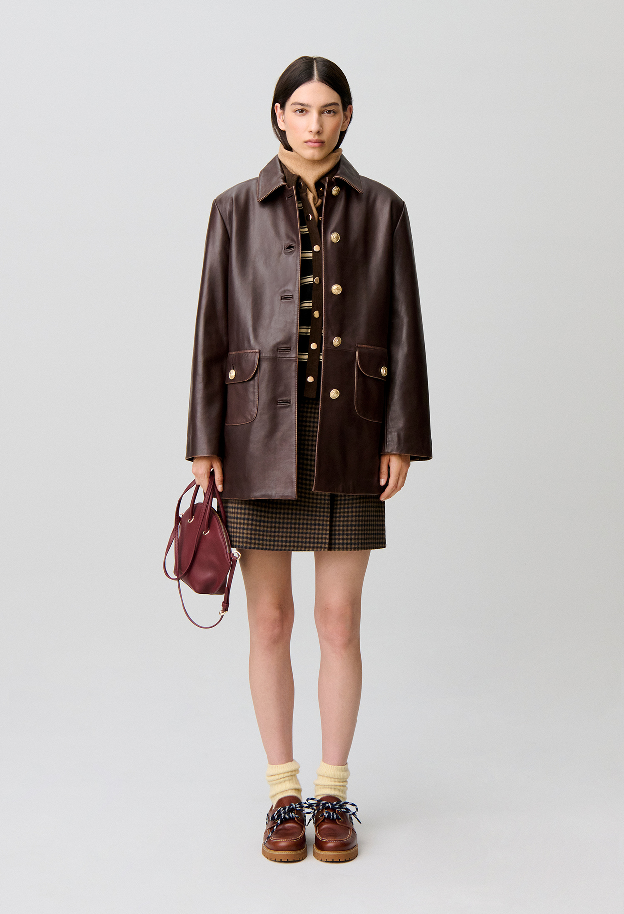 Claudie - Veste droite large cuir mi-longue - Marron - Taille 42 - Pour Femme