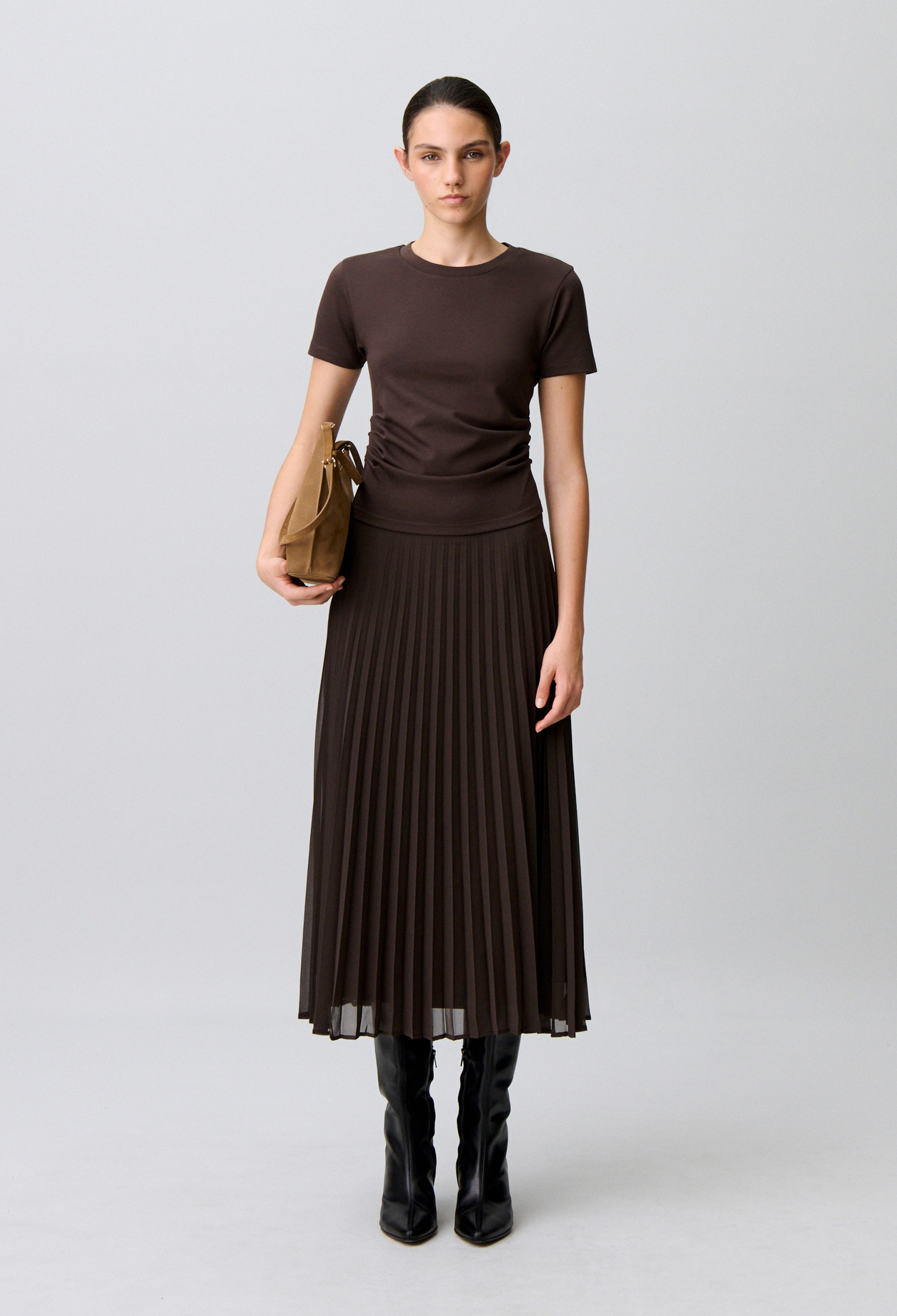 Claudie - Robe bi-matière plissée - Chocolat - Taille 1 - Pour Femme