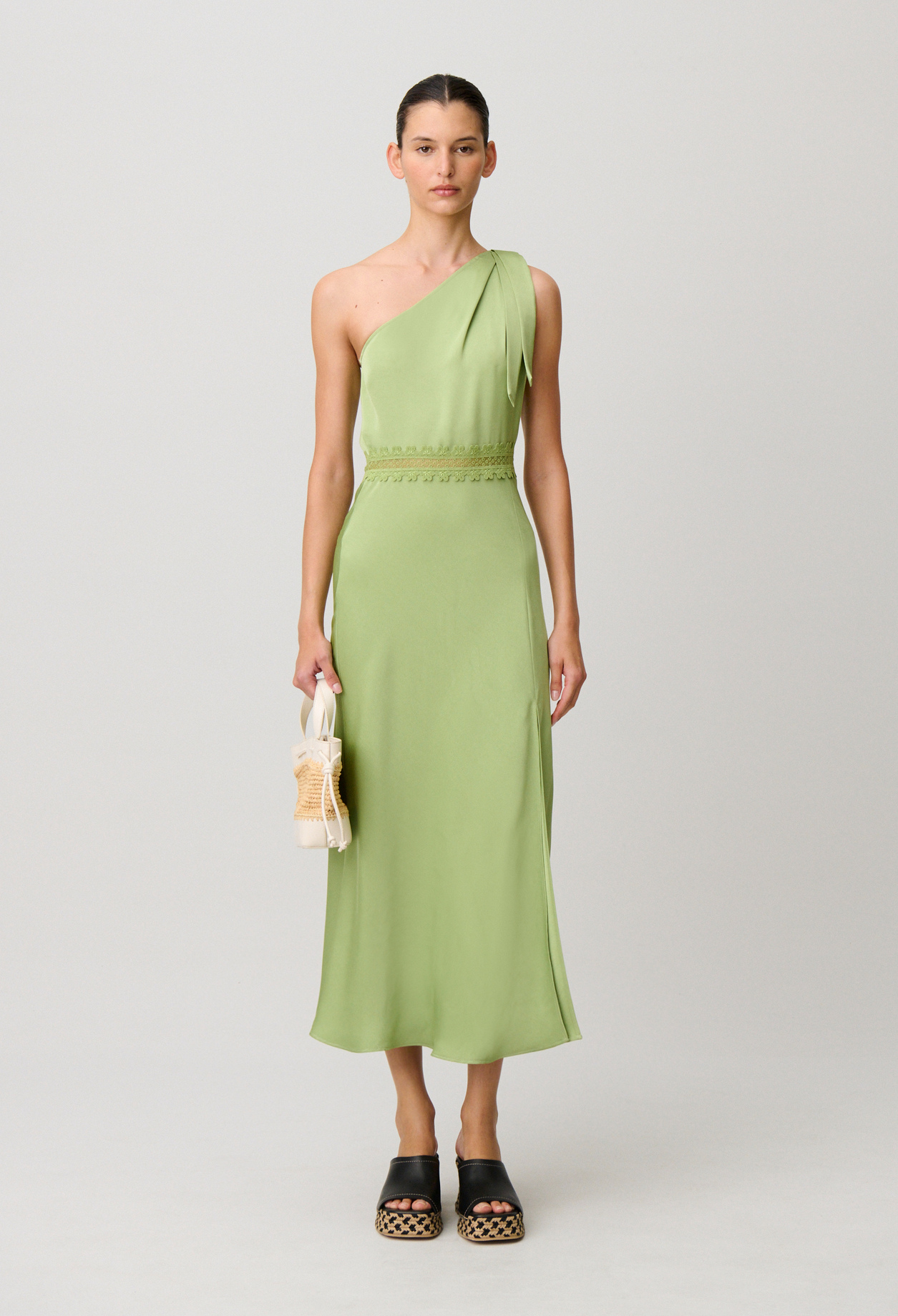 Robe longue satinée dentelle - Femme - Pistache - Taille 34 - Claudie Pierlot
