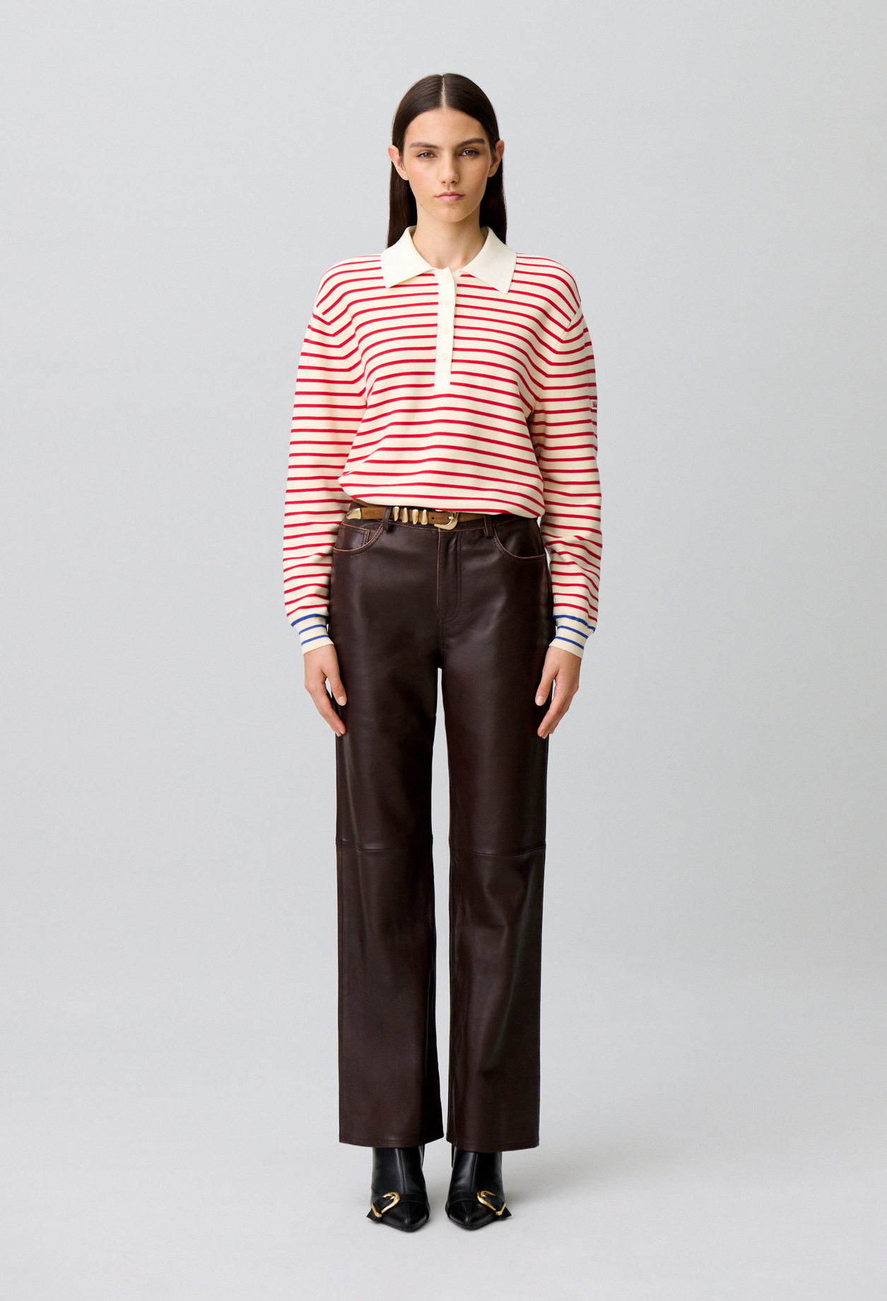 Claudie - Pantalon droit cuir bouton doré - Marron - Taille 34 - Pour Femme
