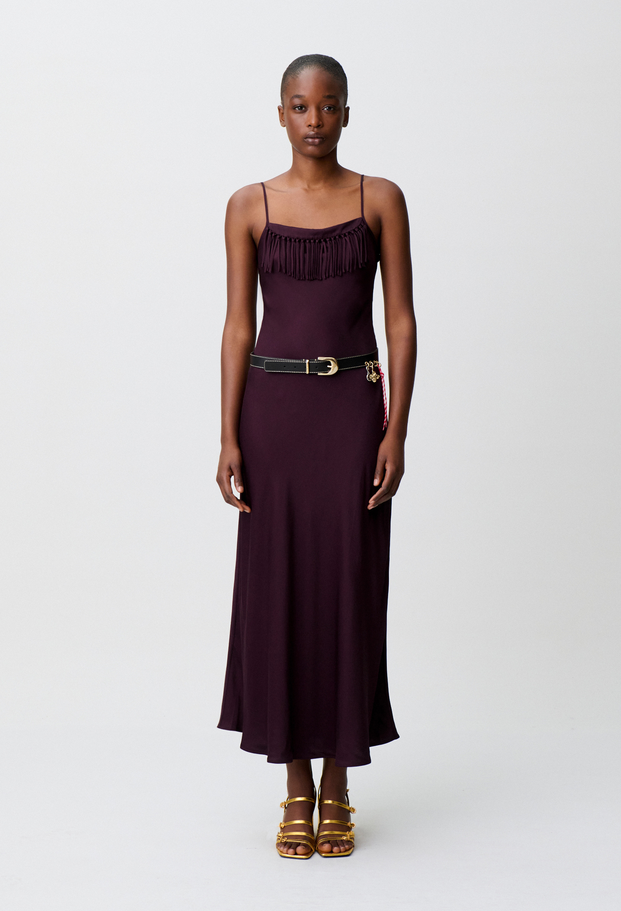 Claudie - Robe fluide satinée franges - Dark Dahlia - Taille 44 - Pour Femme