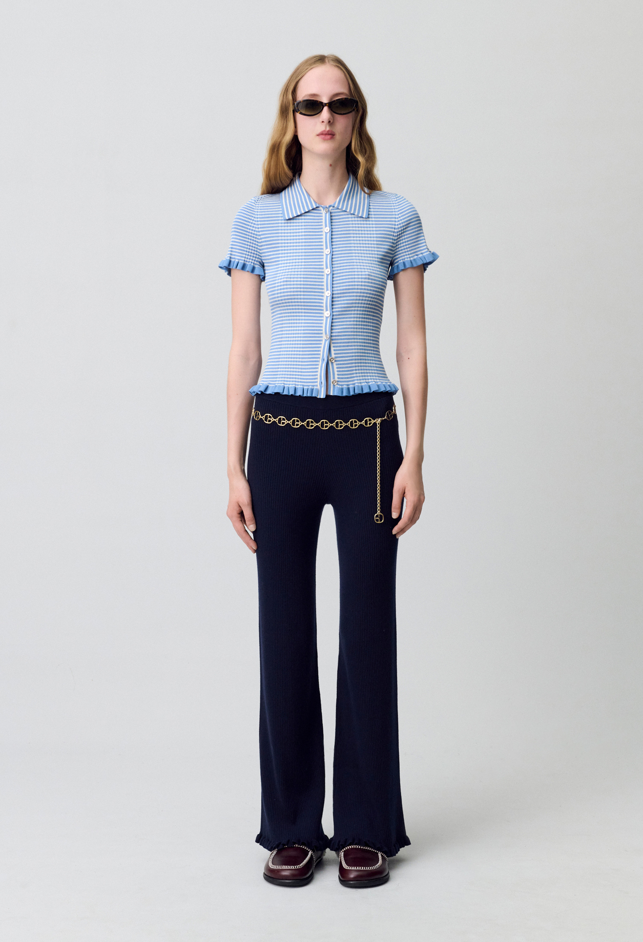 Top polo rayures boutonné - Femme - Bleu Ciel - Taille L - Claudie Pierlot