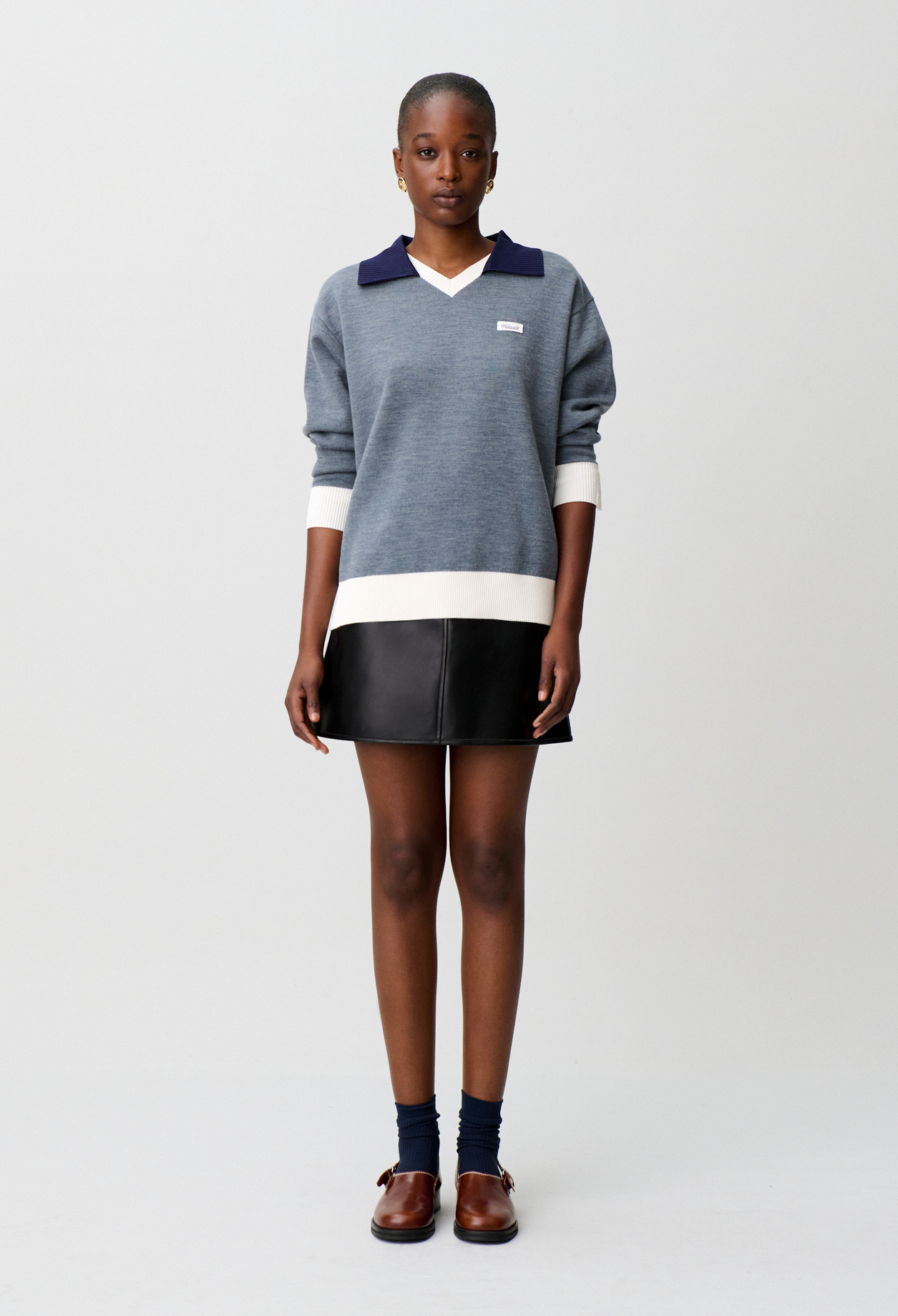 Claudie - Pull maille double col contrasté - Gris - Taille 3 - Pour Femme