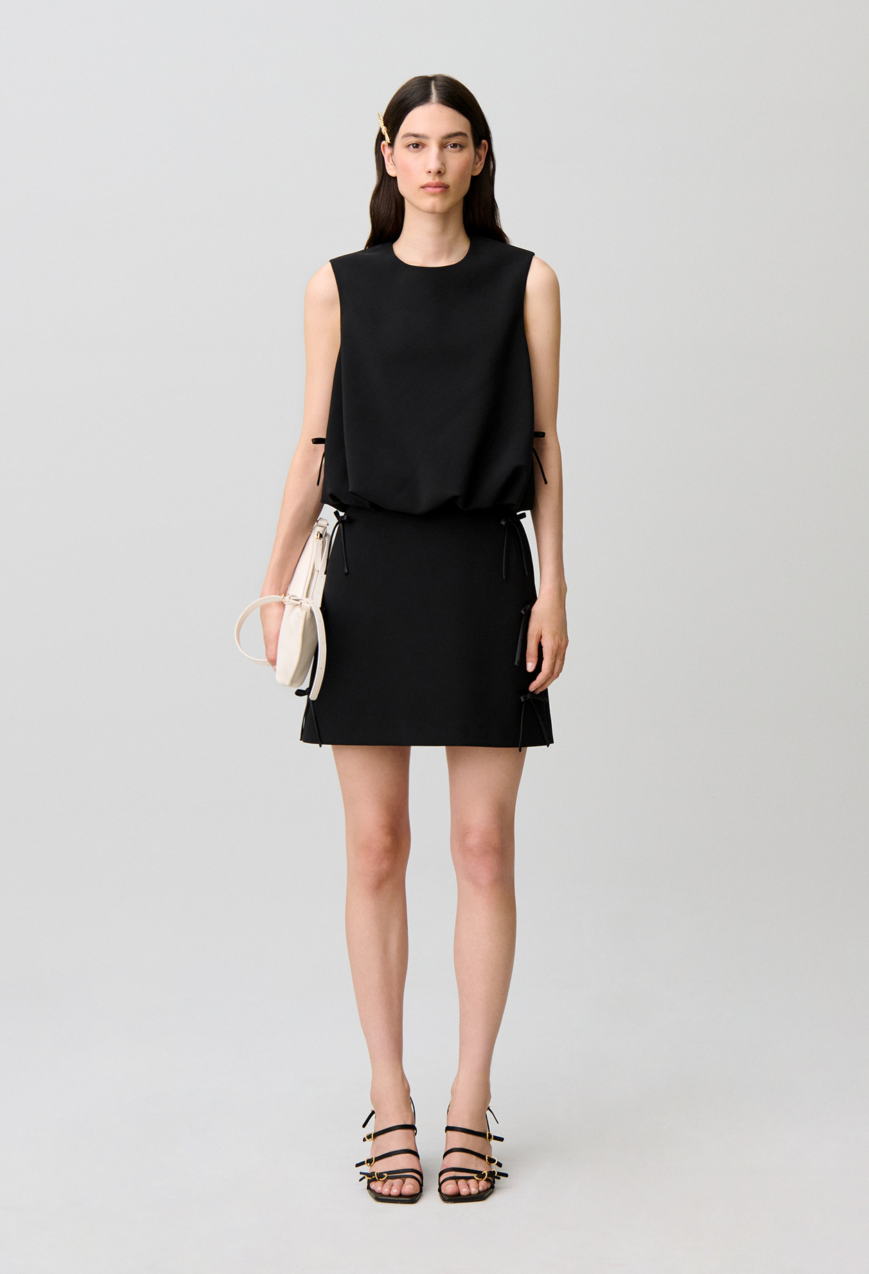 Claudie - Top blousant col rond nœuds satin - Noir - Taille 38 - Pour Femme