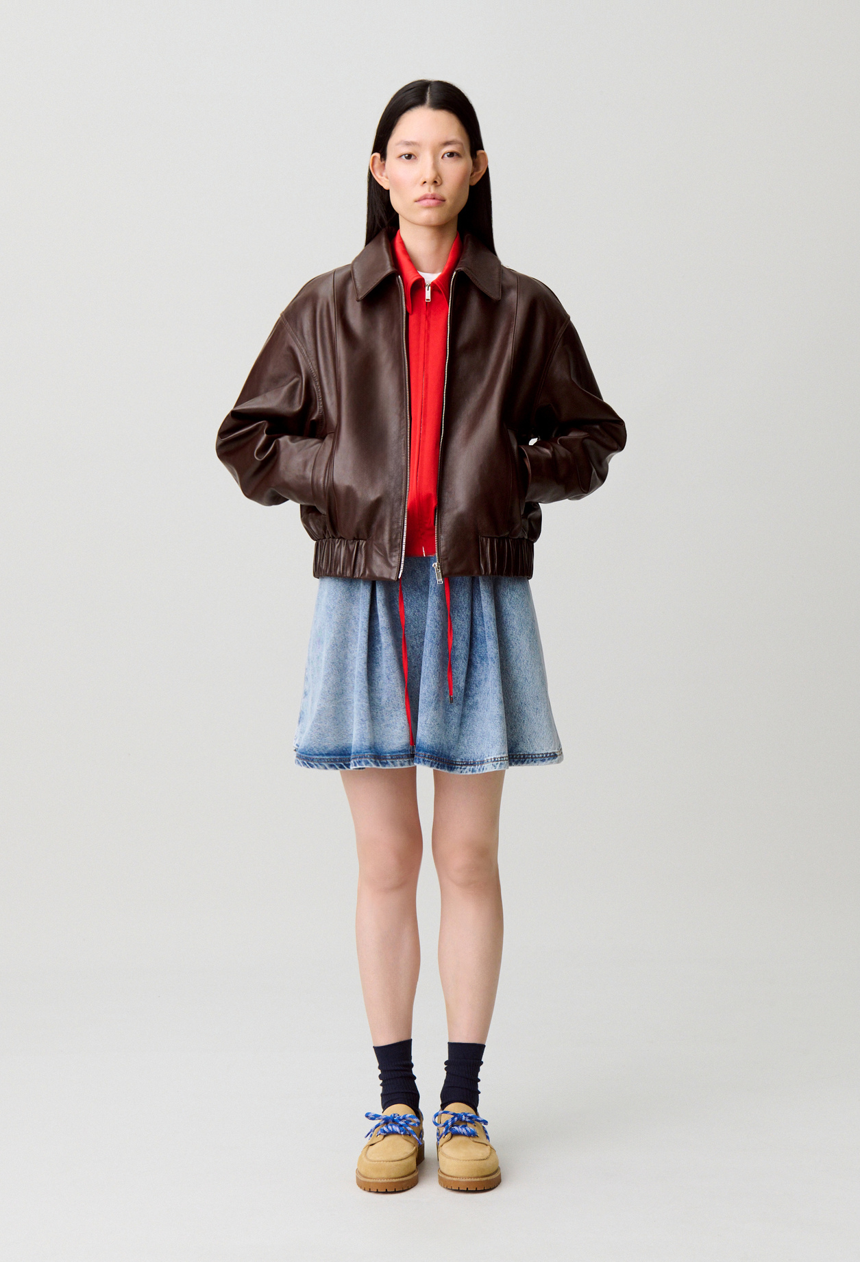 Blouson cuir brillant casual - Femme - Marron - Taille 40 - Claudie Pierlot