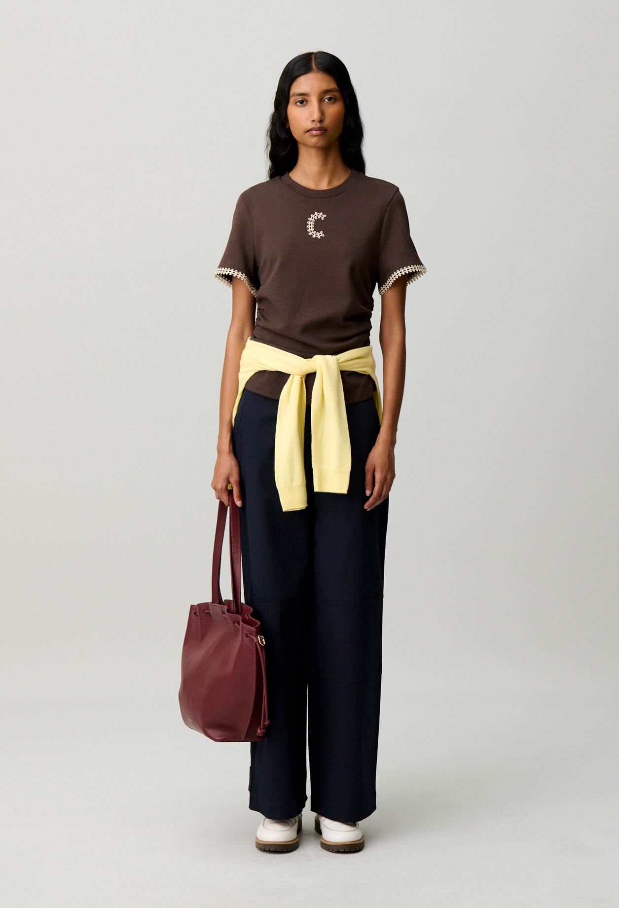 Claudie - T-Shirt manches courtes drapées - Marron - Taille 0 - Pour Femme
